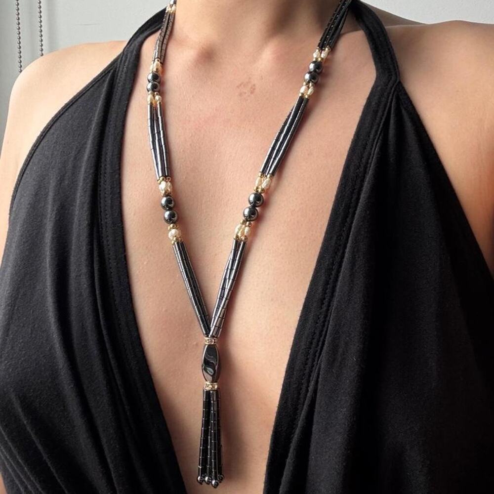 VTG Black gunmetal and gold beaded necklace with tassel